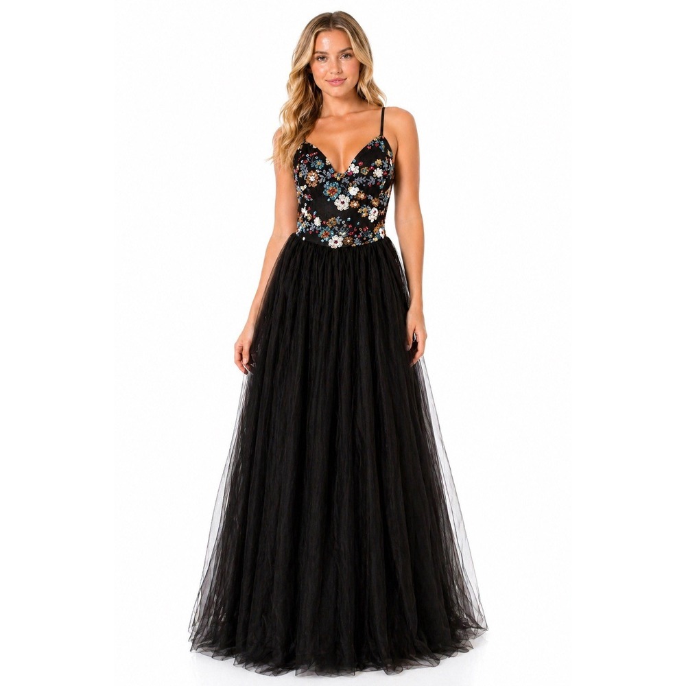Black‎ Tulle Floral Sequin Gown Dress 9 Whimsigoth Dark Fairy Balletcore